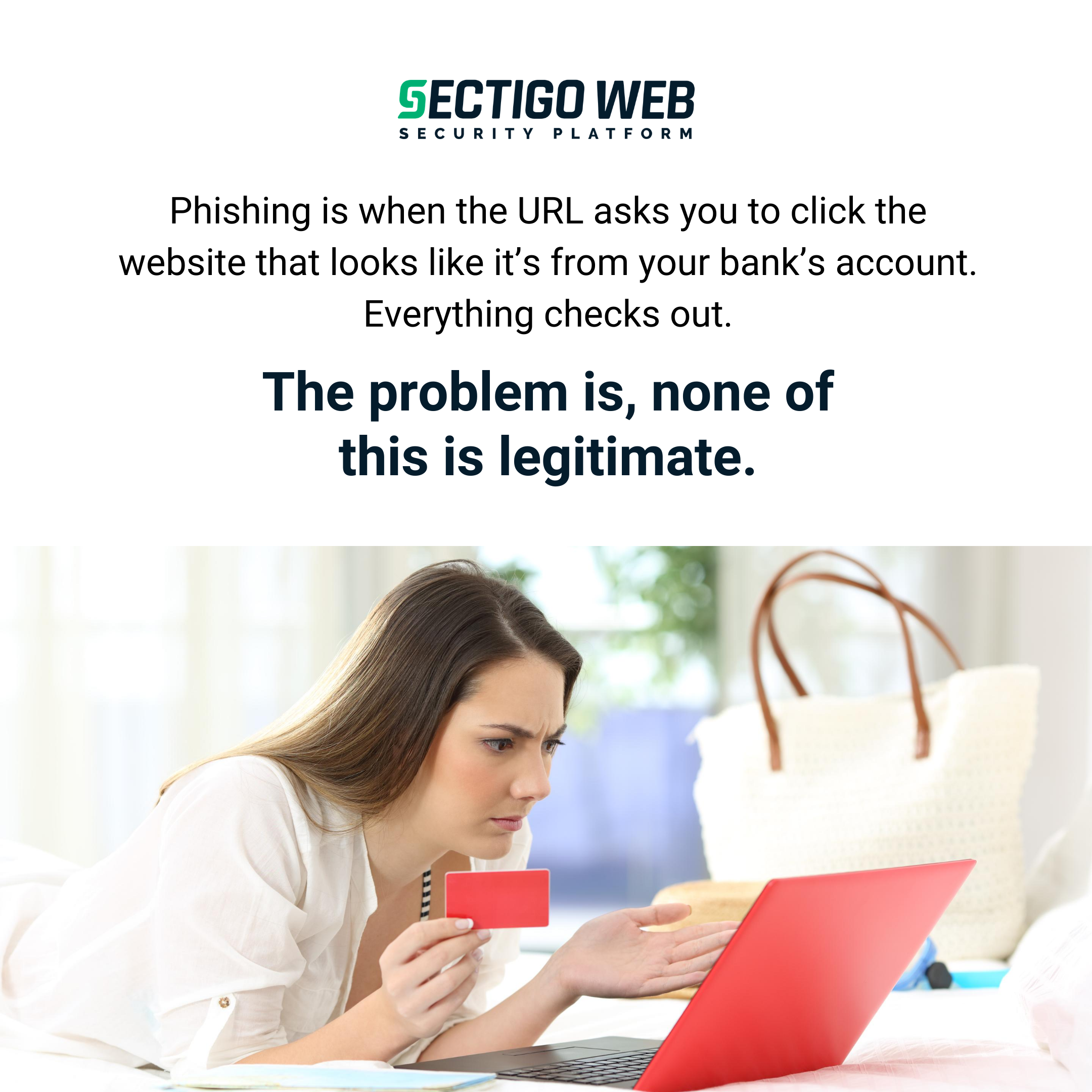 Explanation of phishing, with image of angry woman holding credit card & looking at laptop screen.
