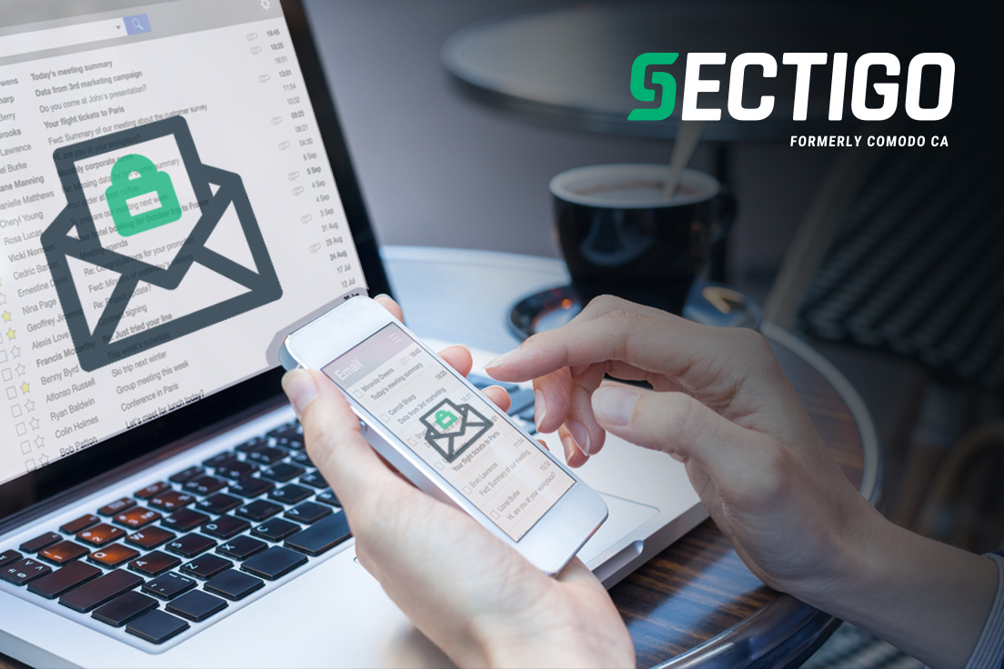 A laptop and mobile device showing a secure email image that represents Sectigo.